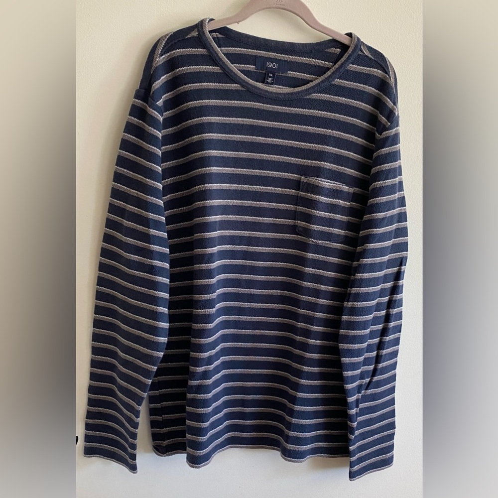 1901 Men's Long Sleeve Blue and Gray Striped Shirt